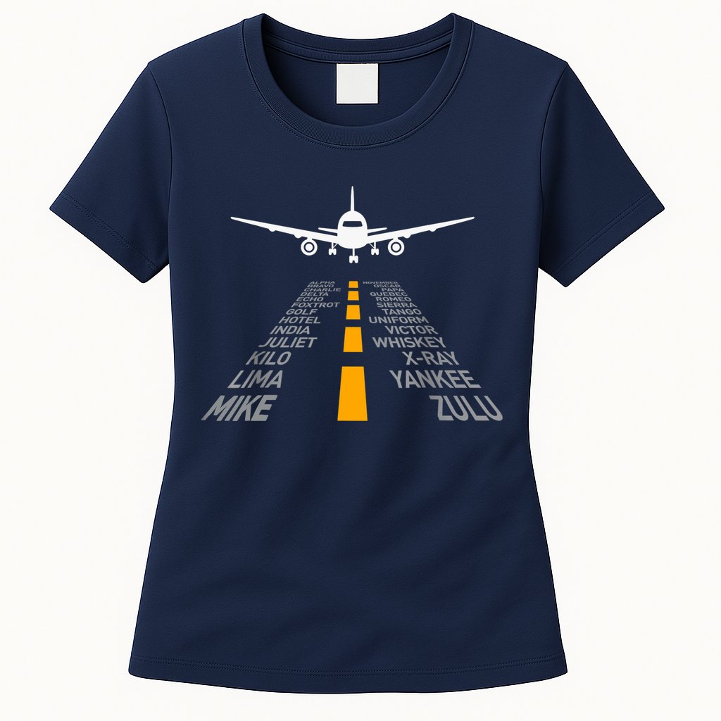 Airplane Pilot Gifts Airport Runway Phonetic Alphabet Plane Womens T-Shirt