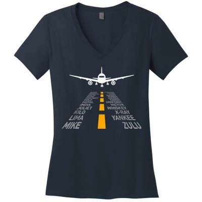 Airplane Pilot Gifts Airport Runway Phonetic Alphabet Plane Women's V-Neck T-Shirt