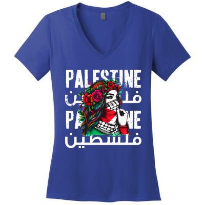 A Palestinian Girl With A Palestinian Bandana Palestine Women's V-Neck T-Shirt