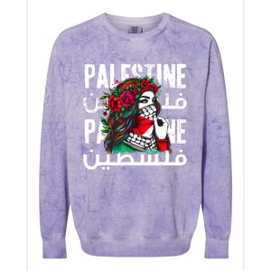 A Palestinian Girl Wearing A Palestinian Bandana Palestine Colorblast Crewneck Sweatshirt