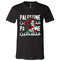 A Palestinian Girl Wearing A Palestinian Bandana Palestine V-Neck T-Shirt