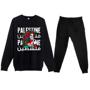 A Palestinian Girl Wearing A Palestinian Bandana Palestine Premium Crewneck Sweatsuit Set