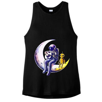 Astronaut Playing Guitar With An Alien On The Moon Ladies PosiCharge Tri-Blend Wicking Tank