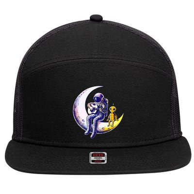 Astronaut Playing Guitar With An Alien On The Moon 7 Panel Mesh Trucker Snapback Hat