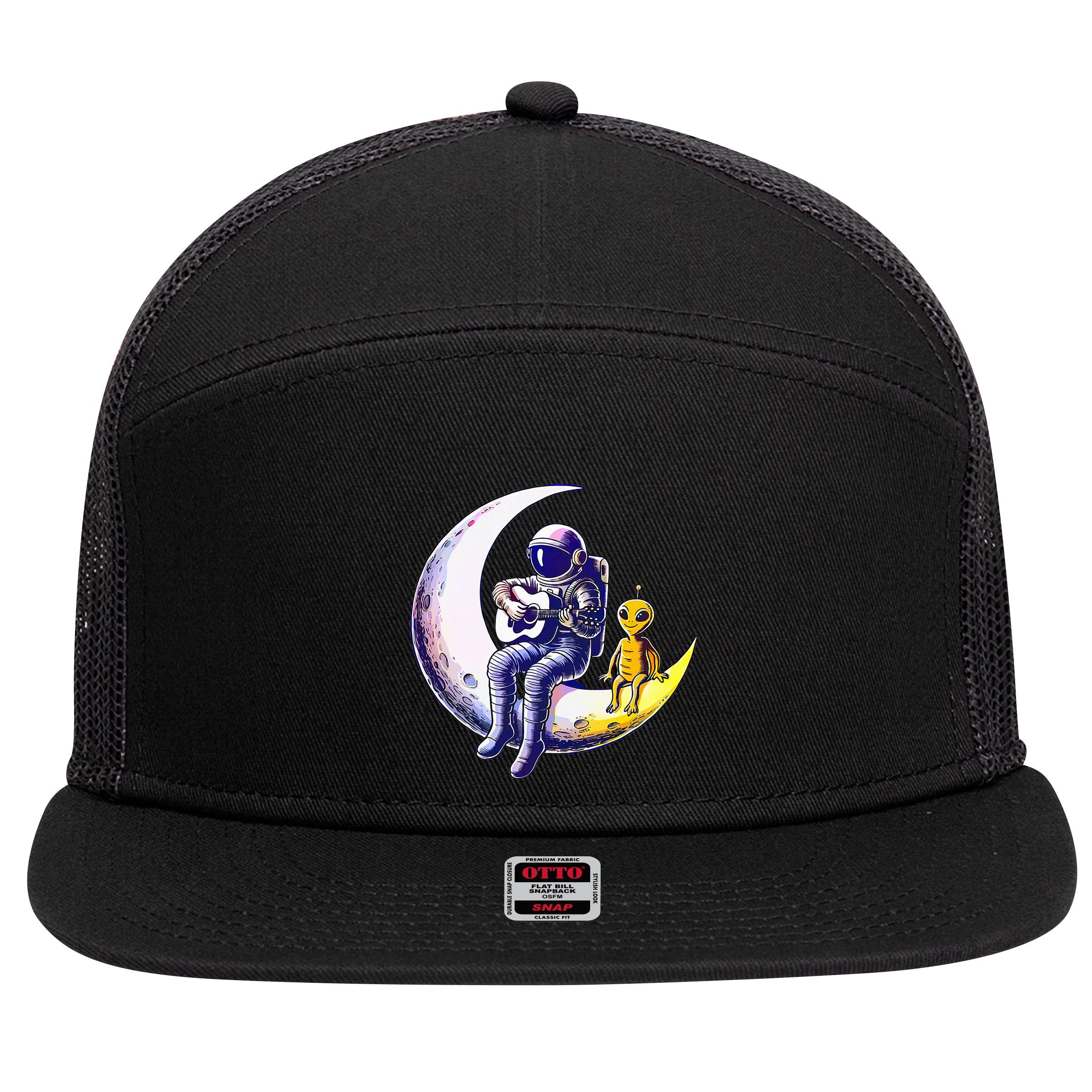 Astronaut Playing Guitar With An Alien On The Moon 7 Panel Mesh Trucker Snapback Hat