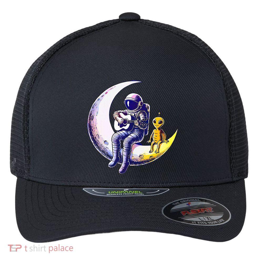 Astronaut Playing Guitar With An Alien On The Moon Flexfit Unipanel Trucker Cap