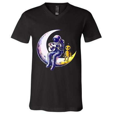 Astronaut Playing Guitar With An Alien On The Moon V-Neck T-Shirt