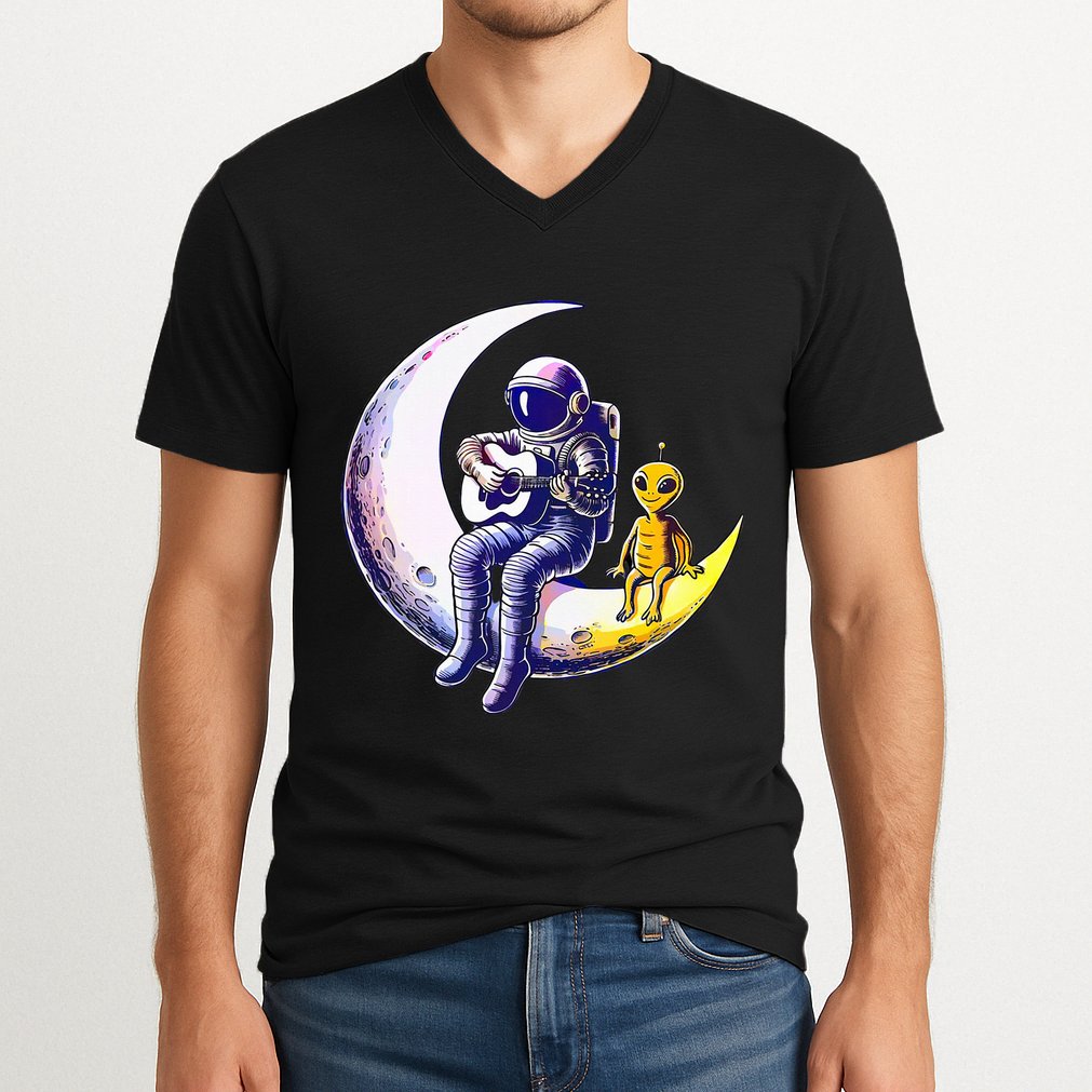 Astronaut Playing Guitar With An Alien On The Moon V-Neck T-Shirt
