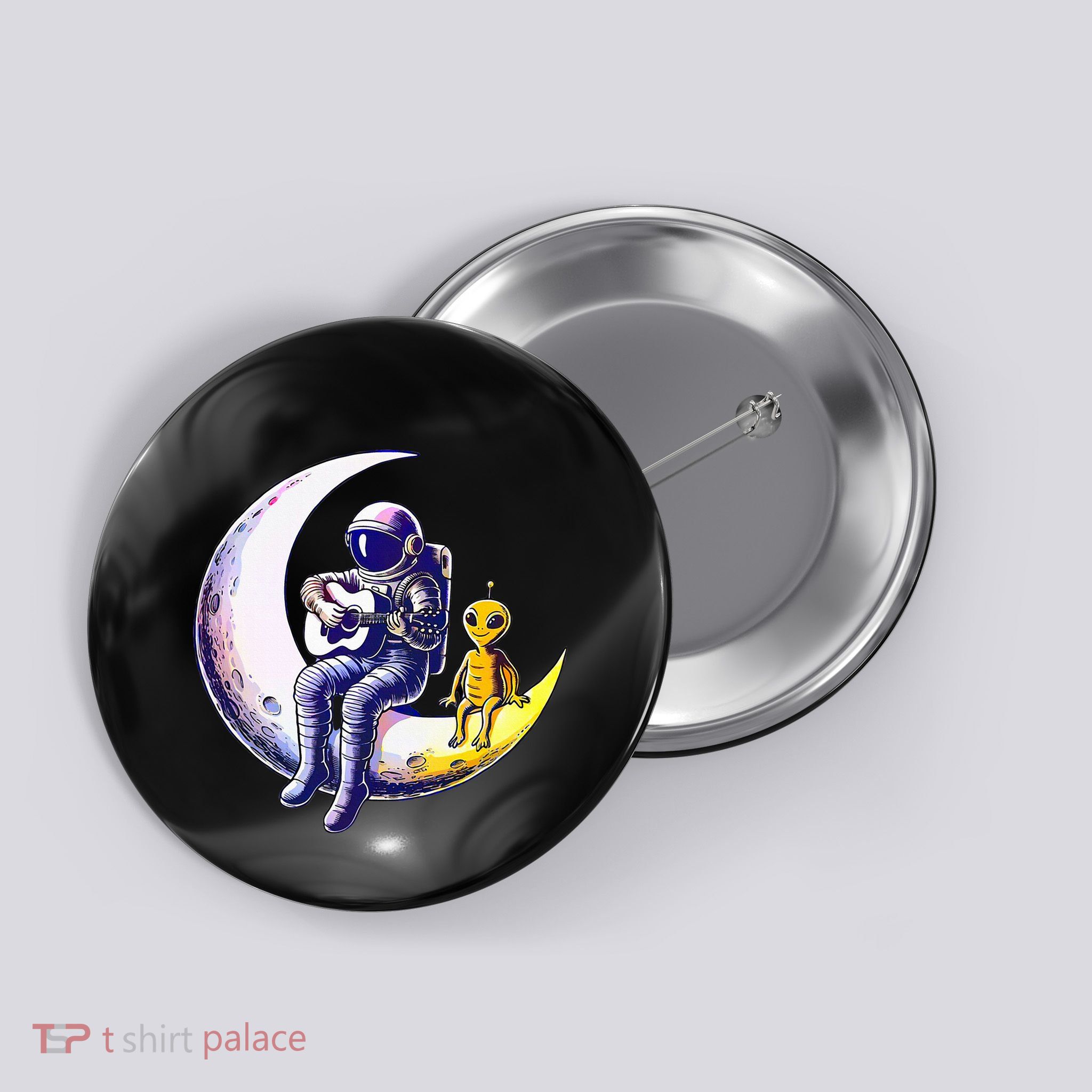 Astronaut Playing Guitar With An Alien On The Moon Button
