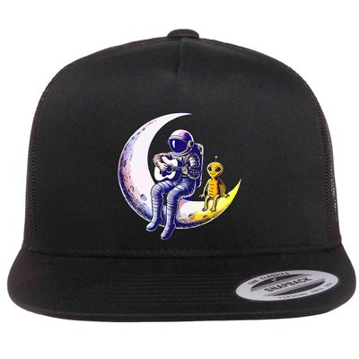 Astronaut Playing Guitar With An Alien On The Moon Flatbill Hat