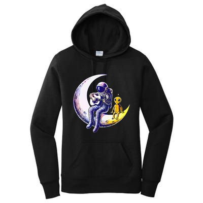 Astronaut Playing Guitar With An Alien On The Moon Women's Pullover Hoodie