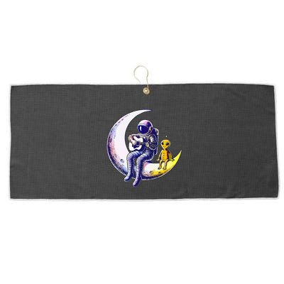 Astronaut Playing Guitar With An Alien On The Moon Large Microfiber Waffle Golf Towel