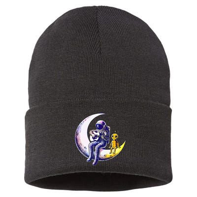 Astronaut Playing Guitar With An Alien On The Moon Sustainable Knit Beanie