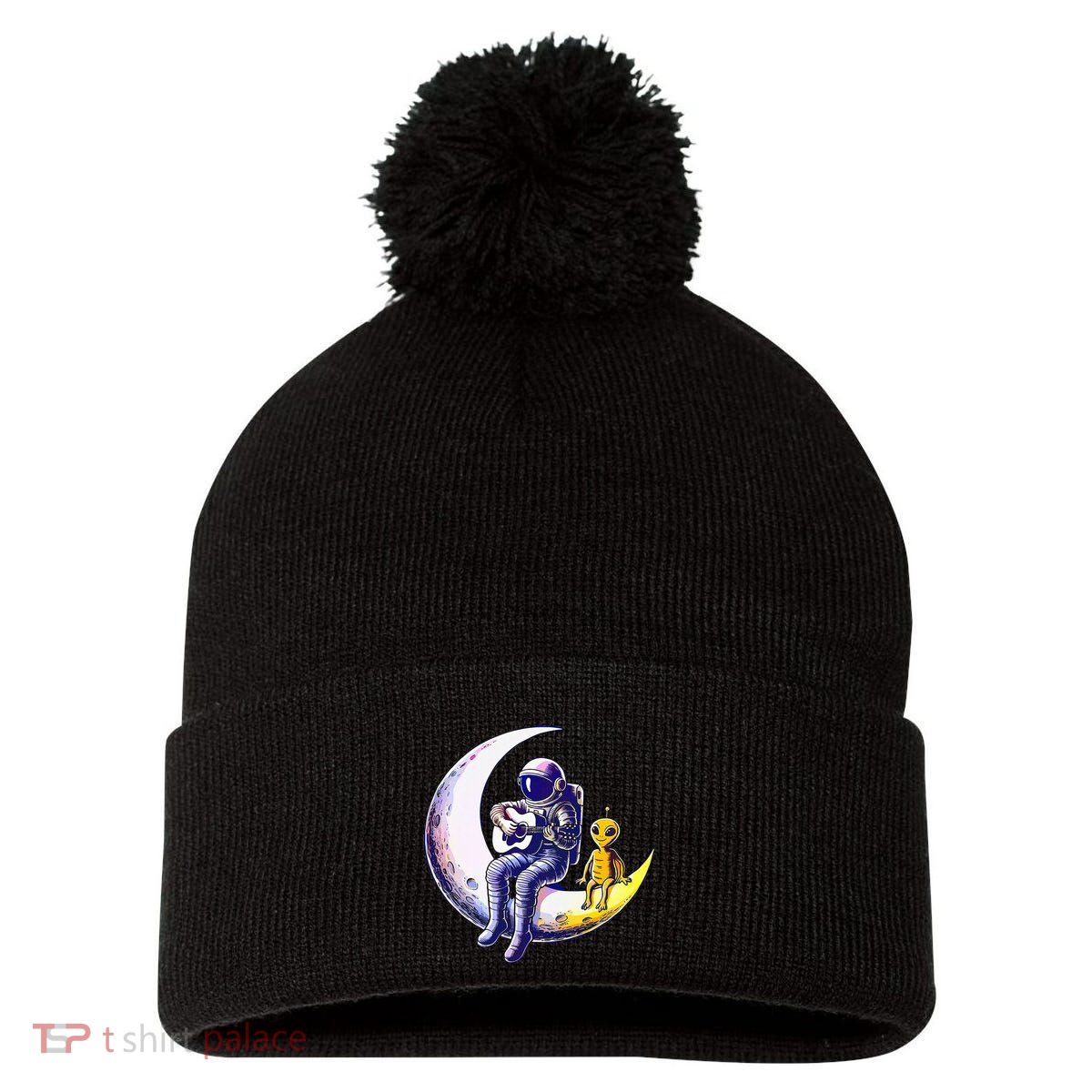 Astronaut Playing Guitar With An Alien On The Moon Pom Pom 12in Knit Beanie