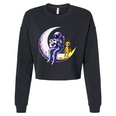 Astronaut Playing Guitar With An Alien On The Moon Cropped Pullover Crew