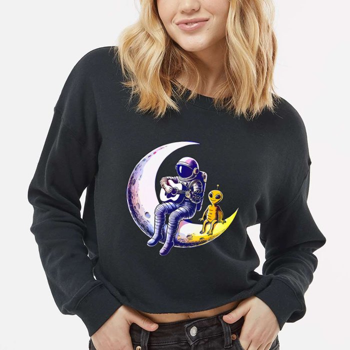 Astronaut Playing Guitar With An Alien On The Moon Cropped Pullover Crew