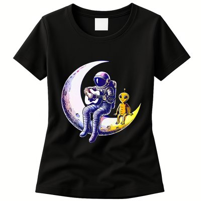 Astronaut Playing Guitar With An Alien On The Moon Womens T-Shirt