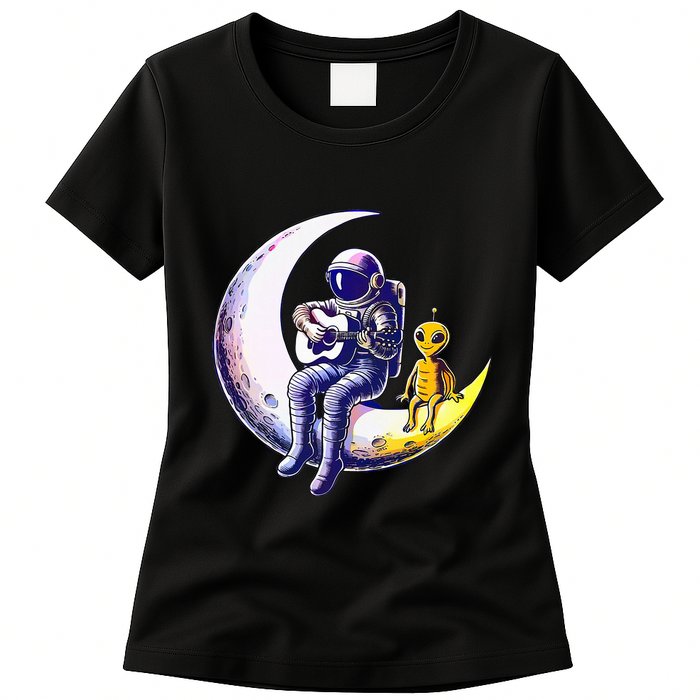 Astronaut Playing Guitar With An Alien On The Moon Womens T-Shirt