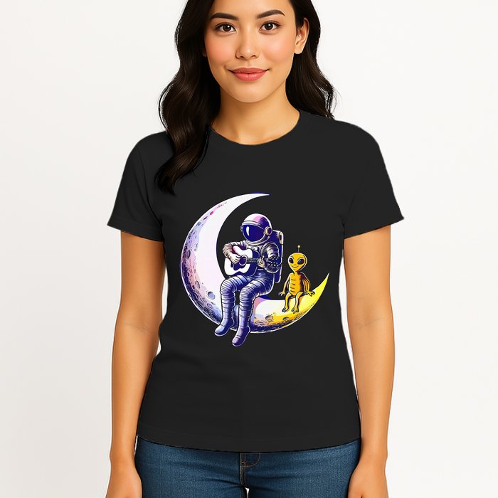 Astronaut Playing Guitar With An Alien On The Moon Womens T-Shirt