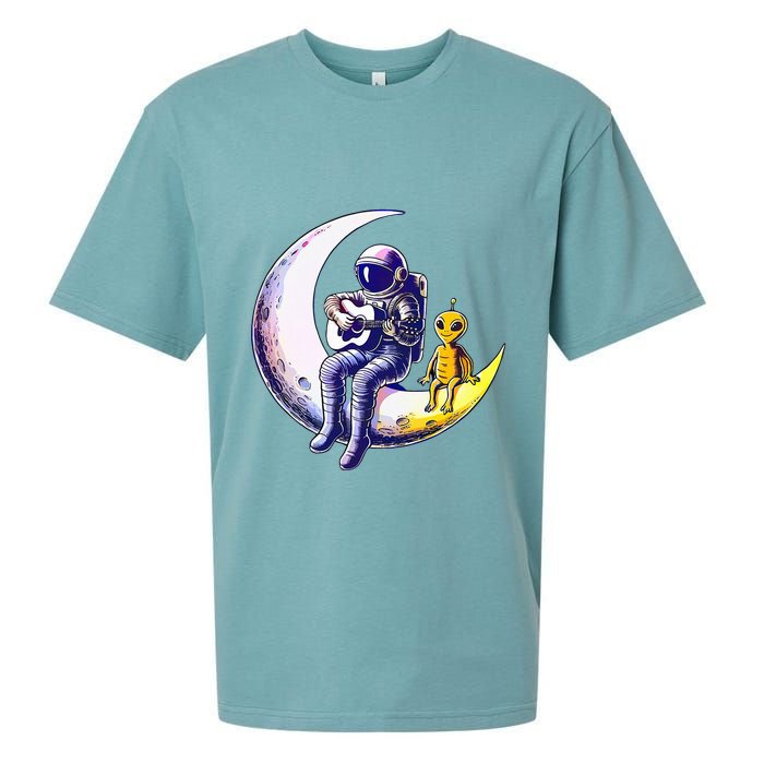 Astronaut Playing Guitar With An Alien On The Moon Sueded Cloud Jersey T-Shirt