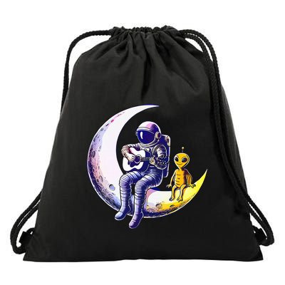 Astronaut Playing Guitar With An Alien On The Moon Drawstring Bag