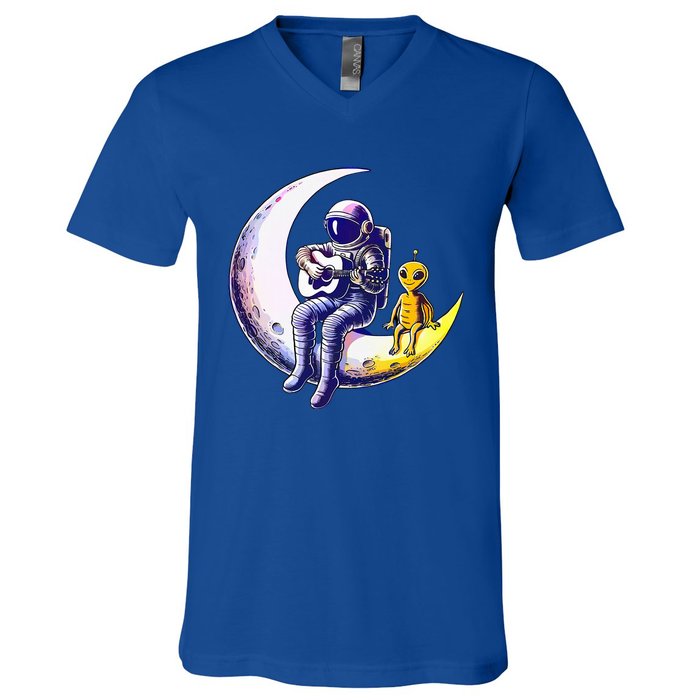 Astronaut Playing Guitar With An Alien On The Moon V-Neck T-Shirt