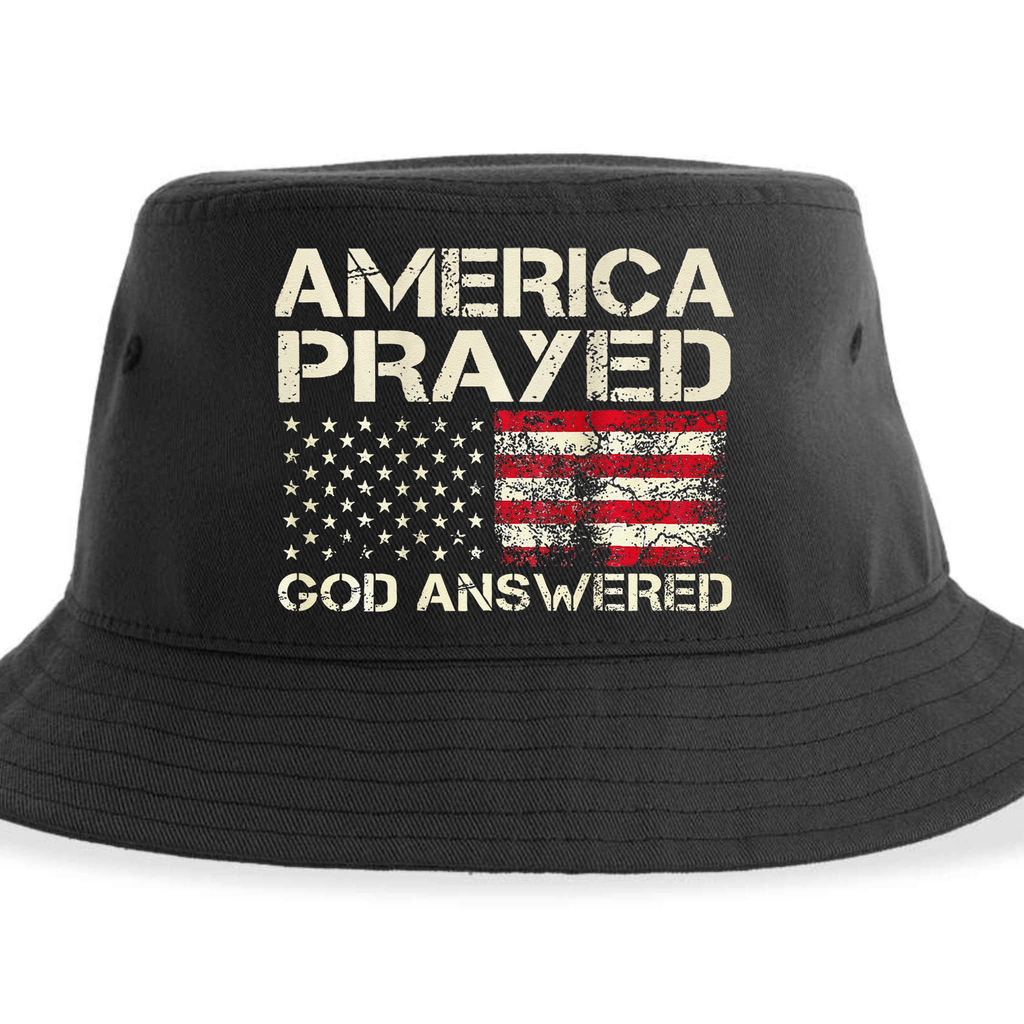 America Prayed God Answered Funny 45 47 Trump Sustainable Bucket Hat