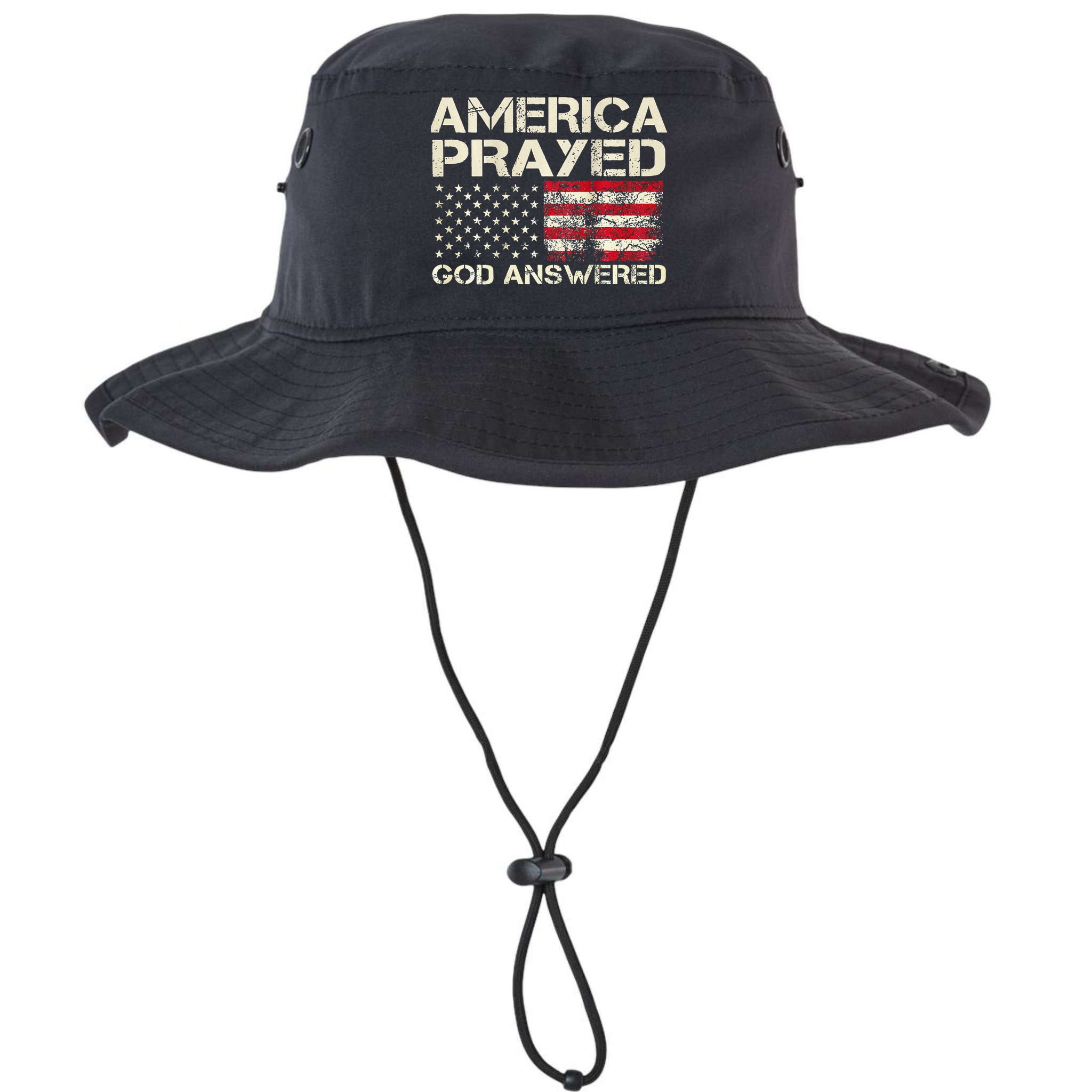 America Prayed God Answered Funny 45 47 Trump Bucket Hat