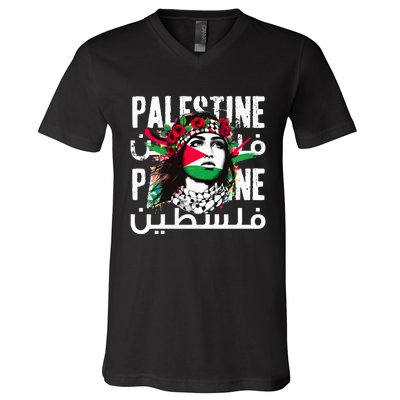 A Palestinian Girl Wearing A Palestinian Bandana Palestine V-Neck T-Shirt