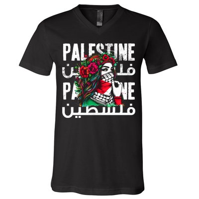 A Palestinian Girl With A Palestinian Bandana Palestine V-Neck T-Shirt