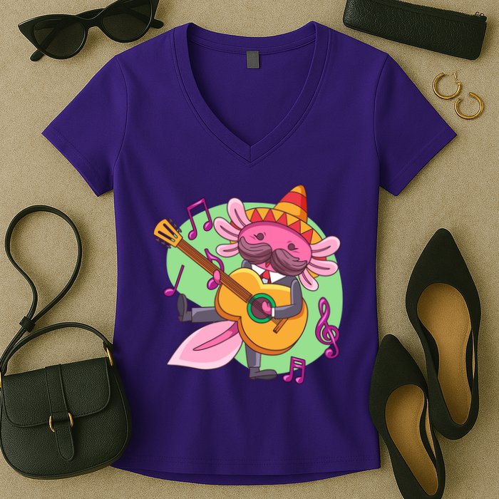 Axolotl Playing Guitar Women's V-Neck T-Shirt