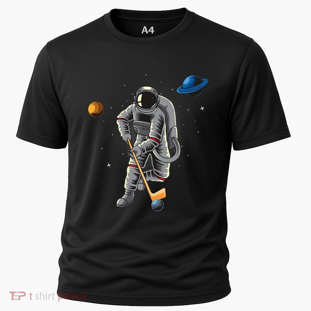 Astronaut playing Hockey in Space Planets Moon Performance Shirt