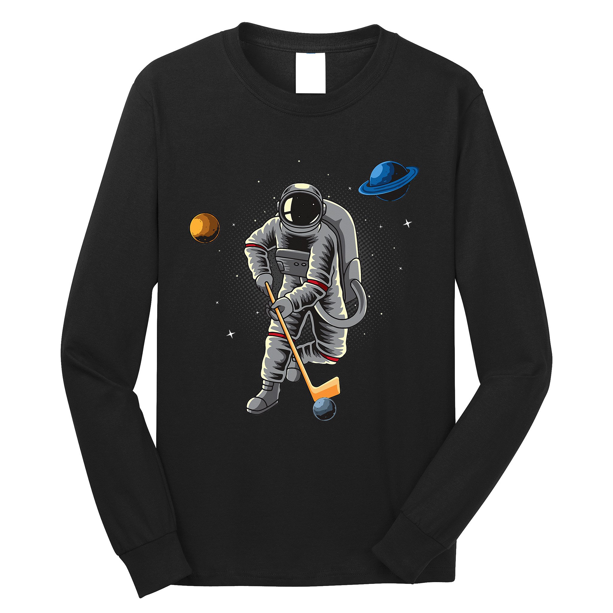 Astronaut playing Hockey in Space Planets Moon Long Sleeve Shirt