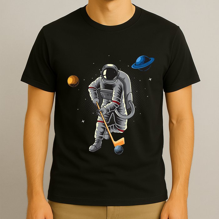 Astronaut playing Hockey in Space Planets Moon T-Shirt
