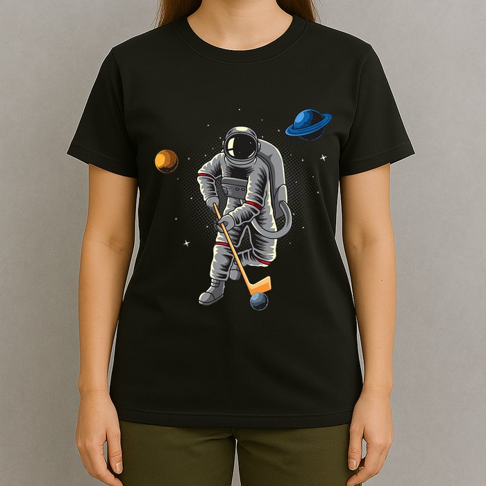 Astronaut playing Hockey in Space Planets Moon T-Shirt