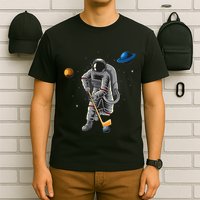 Astronaut playing Hockey in Space Planets Moon T-Shirt