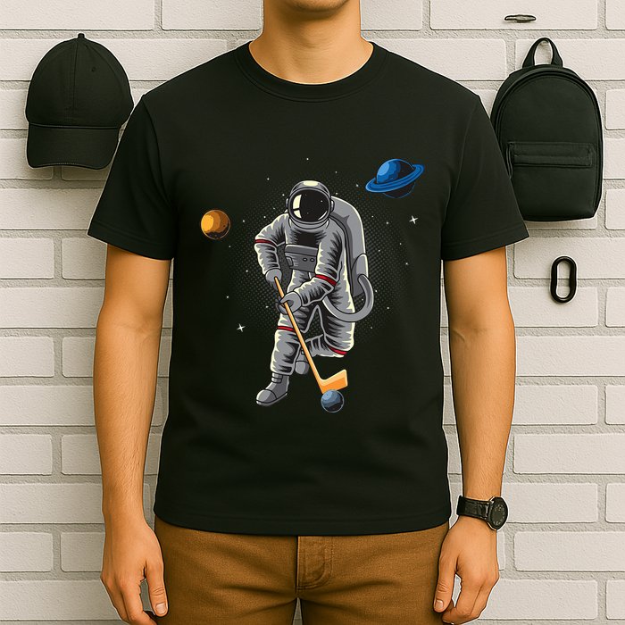 Astronaut playing Hockey in Space Planets Moon T-Shirt