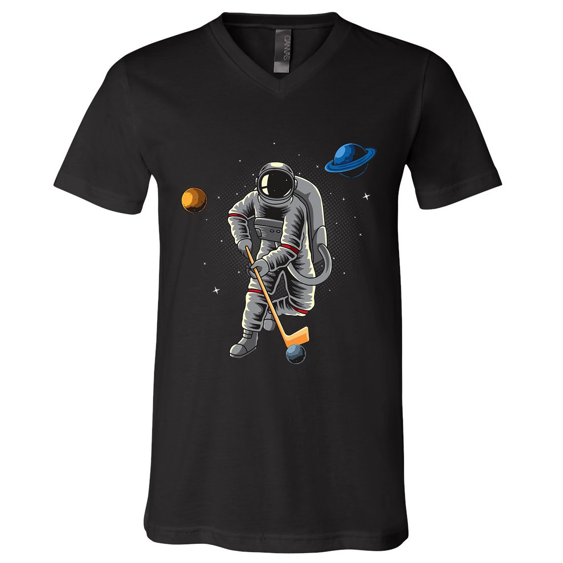 Astronaut playing Hockey in Space Planets Moon V-Neck T-Shirt