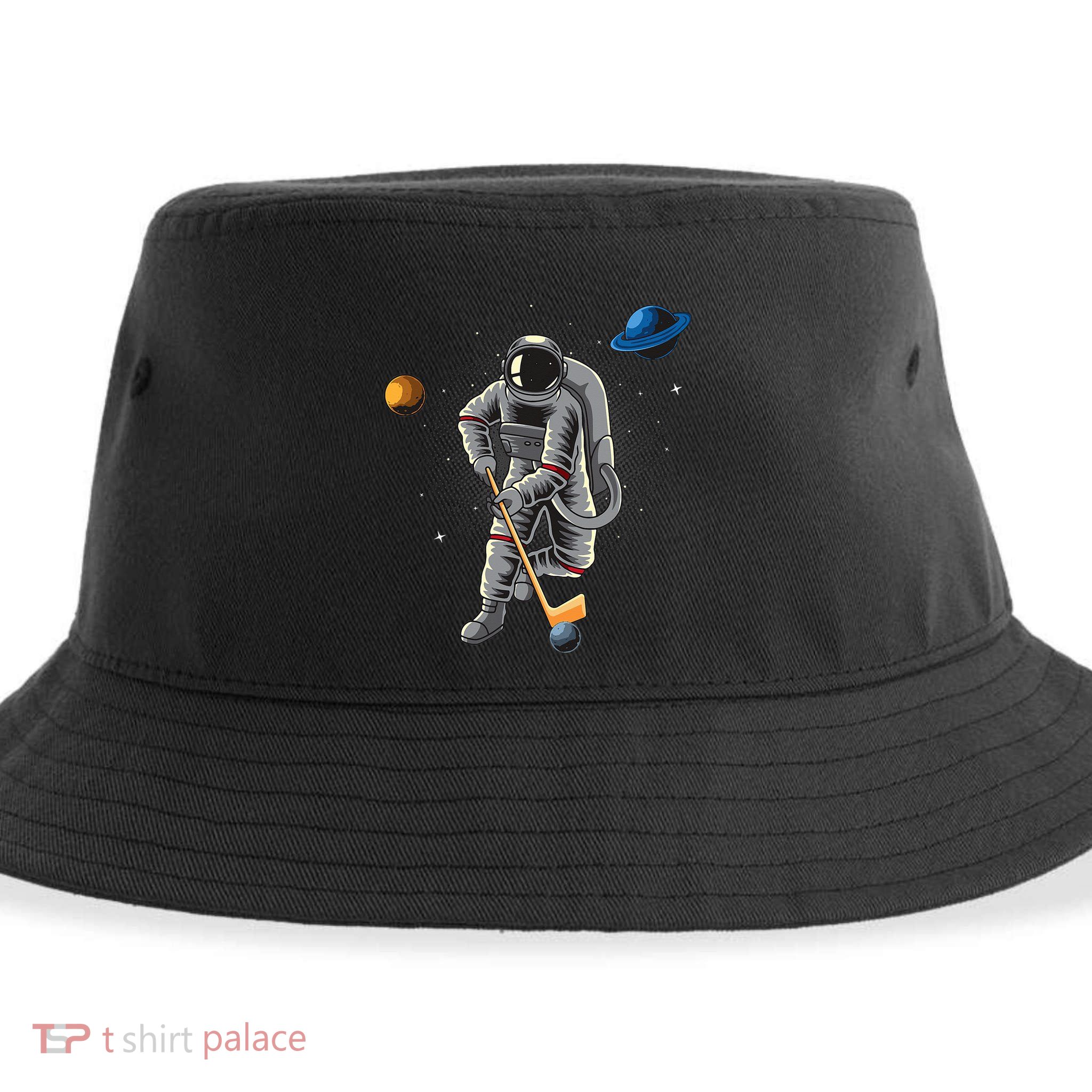 Astronaut playing Hockey in Space Planets Moon Sustainable Bucket Hat