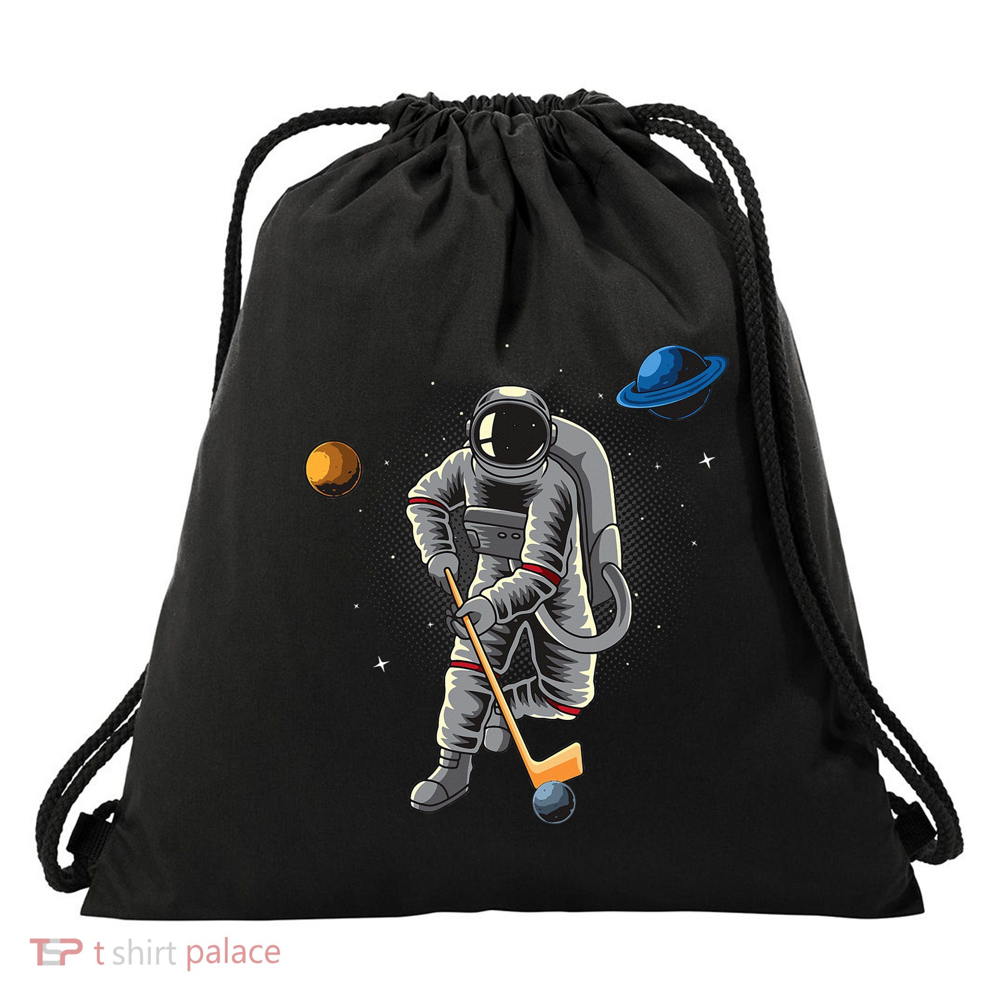 Astronaut playing Hockey in Space Planets Moon Drawstring Bag
