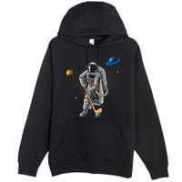 Astronaut playing Hockey in Space Planets Moon Premium Pullover Hoodie