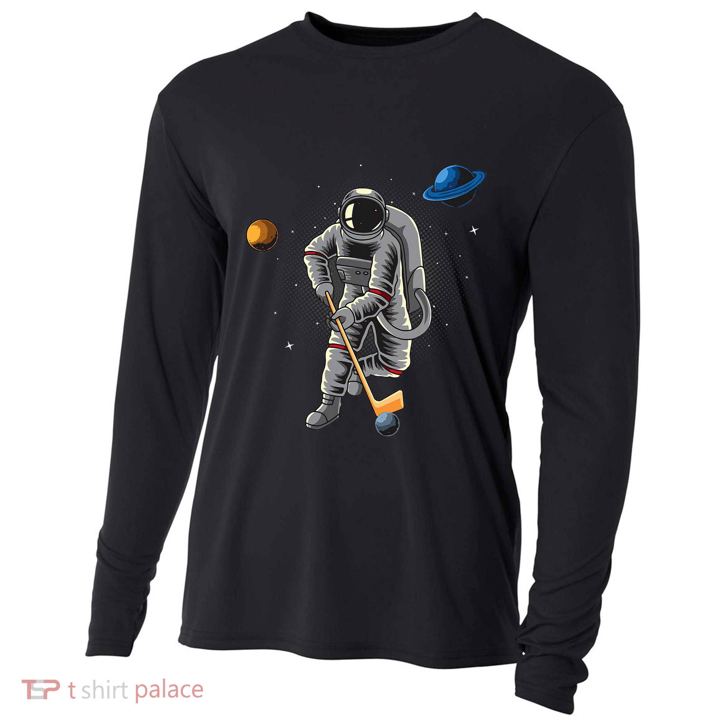 Astronaut playing Hockey in Space Planets Moon Cooling Performance Long Sleeve Crew
