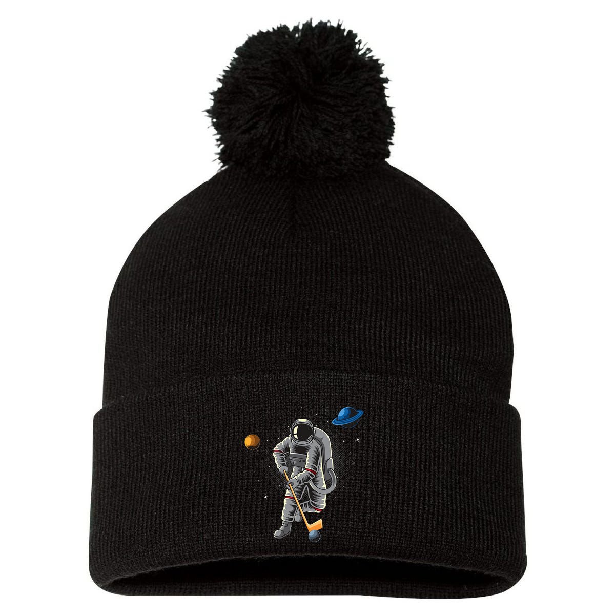 Astronaut playing Hockey in Space Planets Moon Pom Pom 12in Knit Beanie