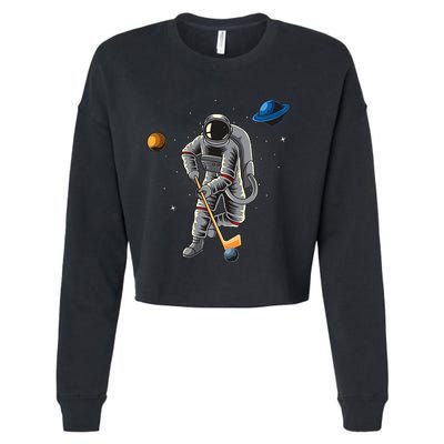 Astronaut playing Hockey in Space Planets Moon Cropped Pullover Crew