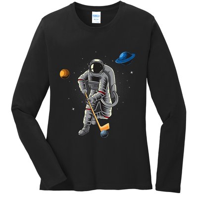 Astronaut playing Hockey in Space Planets Moon Ladies Long Sleeve Shirt