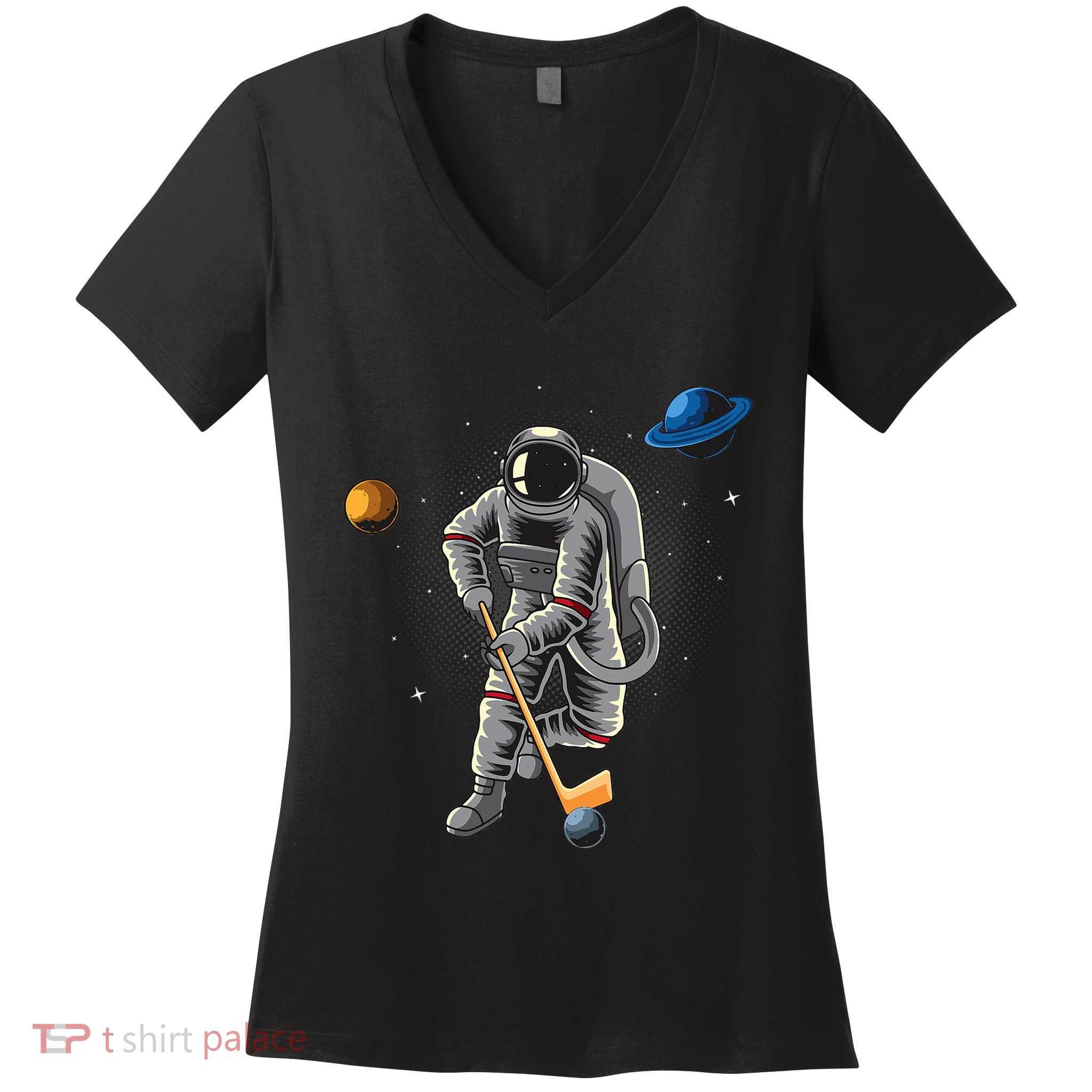 Astronaut playing Hockey in Space Planets Moon Women's V-Neck T-Shirt
