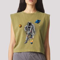 Astronaut playing Hockey in Space Planets Moon Garment-Dyed Women's Muscle Tee