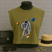 Astronaut playing Hockey in Space Planets Moon Garment-Dyed Women's Muscle Tee