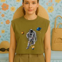Astronaut playing Hockey in Space Planets Moon Garment-Dyed Women's Muscle Tee