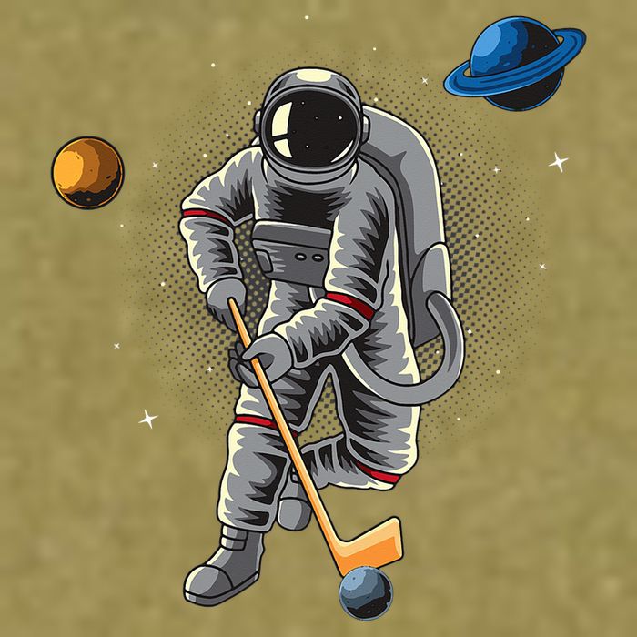 Astronaut playing Hockey in Space Planets Moon Garment-Dyed Women's Muscle Tee